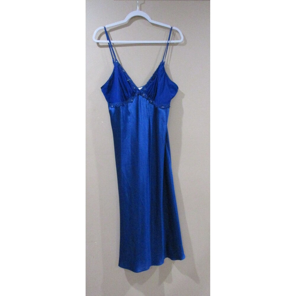 VTG 90's SEARS INNER MOST BLUE SATIN W/ SEQUIN CHIFFON BODICE NIGHTGOWN SZ L